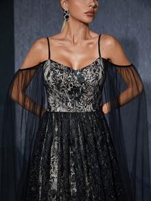 吊带V领超长袖纱巾拼接刺绣蕾丝撞色褶皱大摆连衣裙，黑色女式连衣裙 - 黑色 - 查看 6