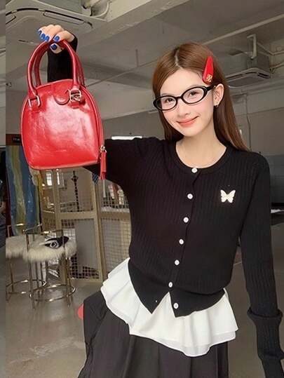 Korean Style Butterfly Decor Long Sleeve Cardigan Sweater For Women, Autumn