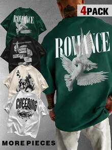 4pcs Men's Casual Versatile Simple English Slogan Graphic Print Short Sleeve T-Shirts - Multicolor - View 1