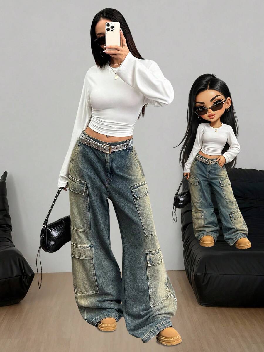 AITYI Studio Women's Top, Casual Daily Flare Sleeve Ruched Waist Fashionable Design Fitted Slimming Simple Elegant Vacation Commute Outdoor Y2K Baddie Back To School Graduation New Year Valentine's Day Spring/Autumn Knit Crew Neck Long Sleeve T-Shirt, Well Fitted - White - View 1