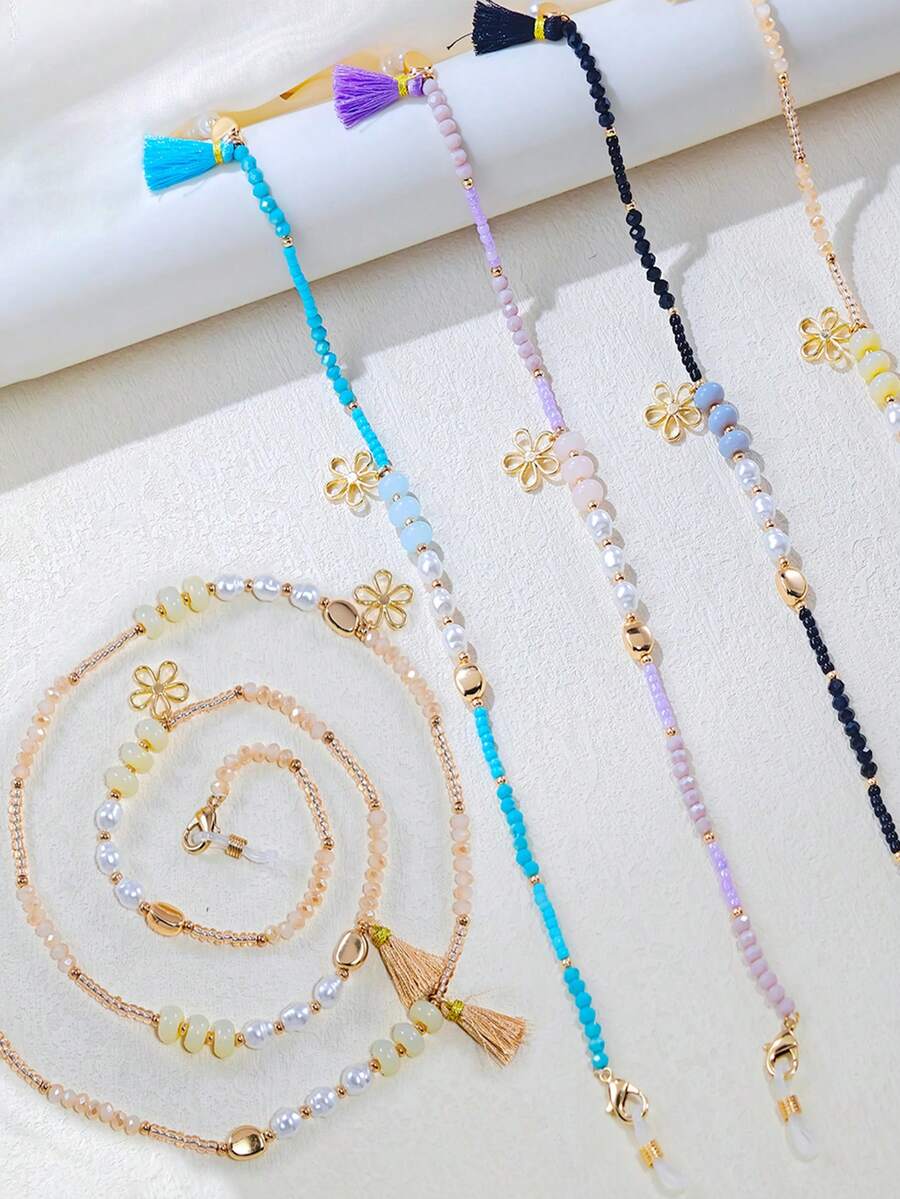 1件装女士彩色串珠四叶草流苏吊坠眼镜链，清新甜美风格配饰 - 彩色 - 查看 1