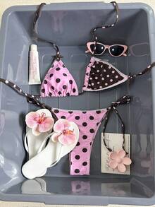 女士性感简约时尚比基尼套装，两件式泳衣，波点印花，挂脖系带，适合海滩、度假、约会，春夏新品 - 粉色 - 查看 7