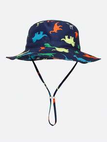 Adjustable Kids Bucket Hat - Solid Color/Shark/Dinosaur/Palm Tree Pattern, Toddler Beach Sun Protection Hat, New Style Boys Colors - 1PC - View 23