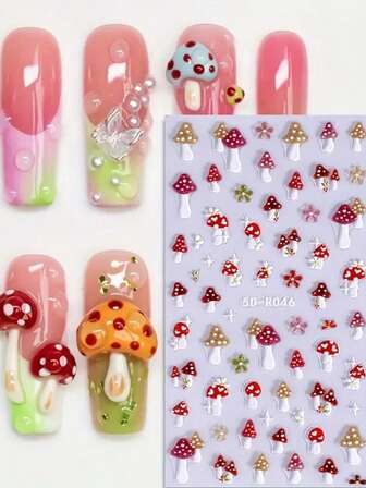 Pegatinas de uñas 3D con diseño de bosque, pegatinas de decoración de uñas con lindos hongos, pegatinas de uñas 3D con hongos rojos brillantes, pegatinas de uñas 3D con hojas verdes, ranas, hongos y flores, pegatinas de decoración de uñas con diseño de hongos y hojas frescas de bosque