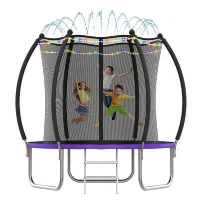  Advwin 8FT Trampoline For Kids, Recreational Outdoor Trampoline For Children Birthday Gifts W/Enclosure Net, Ladder, Sprinkler & LED Lights, Max Limit 200 Kg