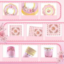 20/80pcs Spring Tea Party Disposable Tableware Set, Party Supplies Decoration, Floral Design, Pink, Disposable Paper Plates & Napkins, Spring Season - TOP - View 4
