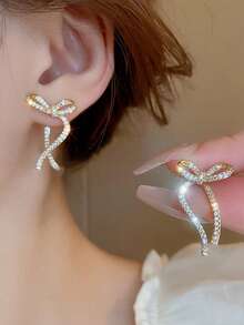 1 Pair Bow Rhinestone Earrings, Fashion & Elegant Ear Studs For Daily Wear - Gold - View 5