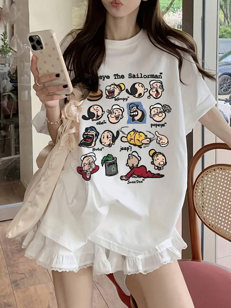 新款复古卡通印花短袖T恤，独特设计，宽松版型，适合夏季休闲穿着，白色