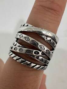 1pc Vintage Silver Color Boho Style Wrapped Around Long Size Full Finger Adjustable Ring, Everyday Wear