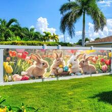 1pc Polyester Easter Bunny Banner, Size 17x78 Inches, Seasonal Home Garden Decor For Spring, Brown And White Bunnies With Tulips And Easter Eggs Design, Ideal For Barn, Fence, Estate, Patio Hanging Banner, Room And Entryway Decor, No Power Needed - Perfect For Home And Outdoor Easter Party Decoration