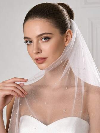 1件1米长闪亮珍珠新娘头纱，优雅法式风格，适合婚纱、正式场合