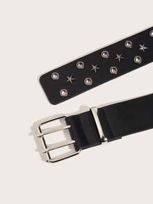 1pc Women's Belt With Double Buckle, Rivet & Star Decor, New American Retro Y2K Style Punk Belt, Suitable For Jeans, Casual Wear, Black & White - Multicolor - View 7