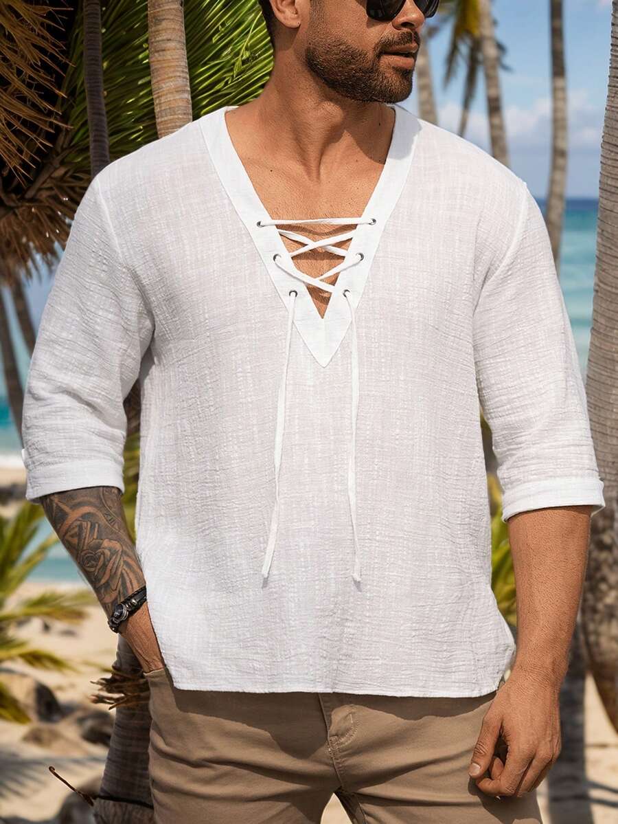 Men's Solid Color Casual Half Sleeve White Shirt V-Neck Drawstring Minimalist Style Beach Vacation Daily Commute