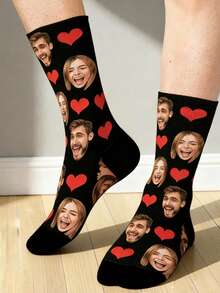 1 Pair Unisex Customized Face & Heart Print Black Knit Comfortable & Romantic Personalized Socks, Suitable For Anniversary/Gift Occasions