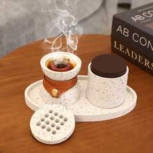 1 Set Minimalist Arabic Style Resin Incense Burner Kit. Includes Incense Holder, Spice Jar, Integrated Tray, Leather Strap Design - Vintage Yet Elegant. Suitable For Home Decor, Centerpiece, Meditation, Creating A Graceful Ambiance. Ramadan, Holidays, Gift For Loved Ones - Multicolor - View 4