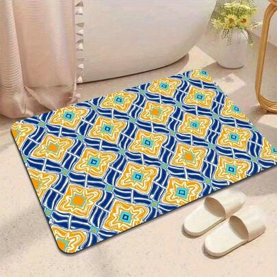 1pc Soft Diatom Mud Bathroom Mat With Blue And Yellow Geometric Diamond Pattern, Designed In.X. Inches &.X. Inches, Suitable For Bathroom, Kitchen, Laundry Room, And Entryway. A Perfect Gift For DI Holidays, Modern Home Decor