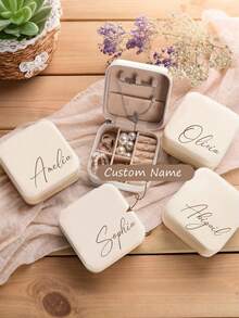 Personalized Beige Jewelry Box, Customizable Name - Large Name Printed At Bottom Right, Elegant Travel Jewelry Box, Suitable For Bridesmaids, Couples And Gifts, Fabric Lining, Zipper Closure, Classic Style, Jewelry Gift Box, Jewelry Box - Multicolor - View 4