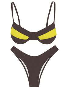 新款春夏欧美休闲性感优雅棕黄撞色女士比基尼套装，适合海滩度假派对约会 - 棕色 - 查看 3