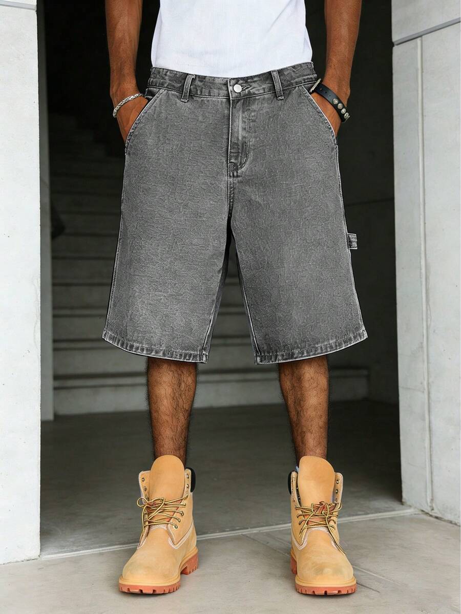 春夏新款时尚休闲水洗牛仔七分裤，宽松百搭，简约风格牛仔裤 - 灰色 - 查看 1