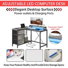 Mesa Esquinera en Forma de L con Tomas de Corriente y Luces LED | Estación de Trabajo Ergonómica para Oficina en Casa - Gris - Ver 5