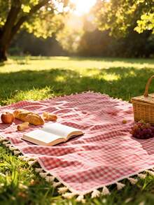 1pc Charming Red & White Plaid Rectangular Picnic Blanket - Ideal For Valentine's Day, Easter Celebrations, Woven Rayon Tablecloth With Tassels, Perfect For Winter Camping, Beach Outings, Photography Backdrop And Picnic Accessory - Red - View 3