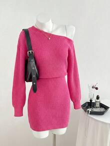 女士通勤，优雅新款时尚斜肩纯色针织休闲连衣裙 - 玫紅色 - 查看 1