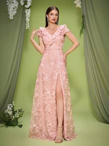 Anpoket新款V领礼服，饰有扇形花边、刺绣蕾丝、飞机袖和前开衩——一款高端晚礼服。女士连衣裙 - 粉色 - 查看 5