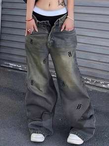 Women's Letter Embroidered Pocket Wide Leg Loose Casual Versatile Jeans - Blue - View 1