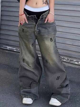 女式字母刺绣口袋阔腿宽松休闲百搭牛仔裤