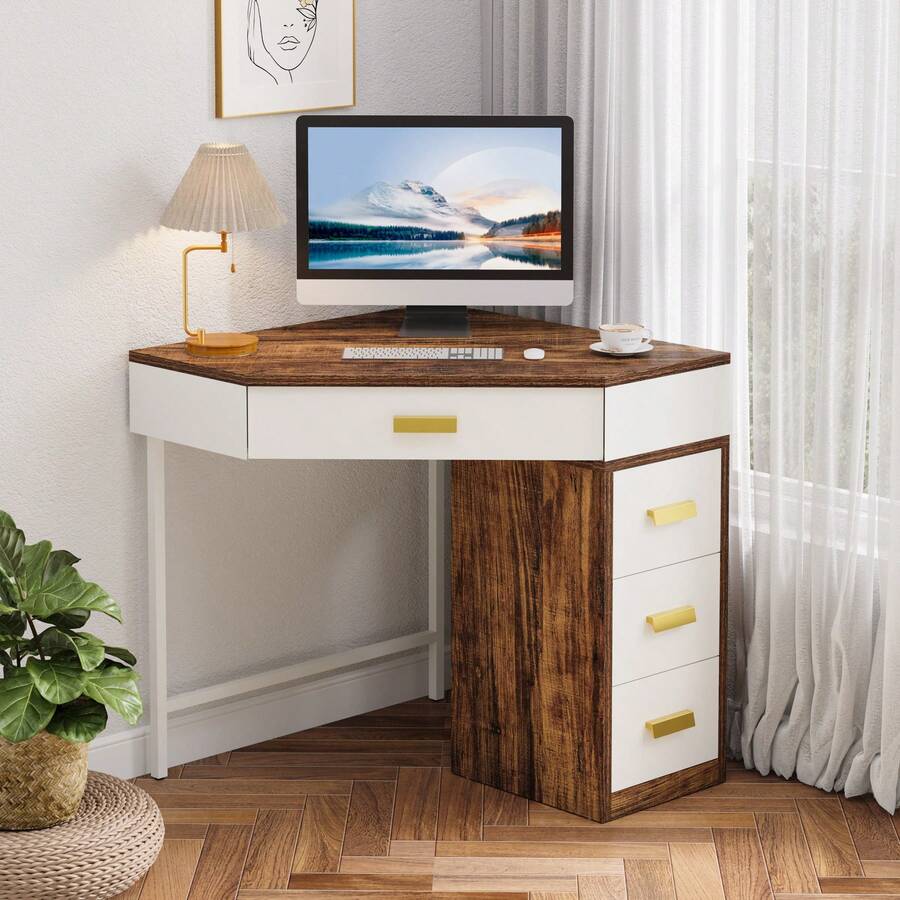 Tribesigns Corner Desk, Triangle Computer Desk With 3 Drawers, 90 Degree Writing Desk PC Table Makeup Vanity Desk With Storage For Home Office, Living Room, Bedroom (Reversible Drawer Cabinet) - Trắng và Nâu - Xem 1