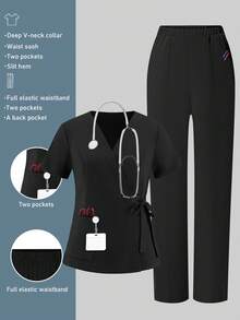 cimmuovere Top de blouse de travail à col en V et manches courtes avec deux poches pour femmes grandes tailles. Blouse de travail pour infirmière, dentiste, soins de santé, hôpital vétérinaire, laboratoire. Convient pour l'automne et le printemps. - Noir - Voir 8