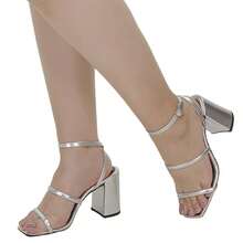 Women's Sandal With Square Block Heel And Thick Glitter - Lazzlu - Silver - View 3