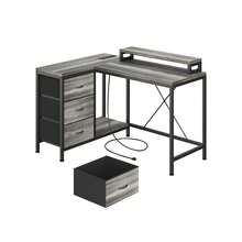 Estación de Trabajo Ergonómica Moderna en Forma de L | Mesa Esquinera para Oficina en Casa con Tomas de Corriente, Luces LED, Cajones y Estantes - Gris - Ver 8