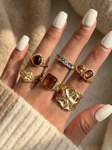 Bộ 6 chiếc nhẫn đeo đốt ngón tay hình học mạ vàng mờ, nhẫn đính đá nhựa có thể xếp chồng lên nhau, phù hợp cho nữ đeo hàng ngày, dự tiệc, hẹn hò hoặc làm quà tặng. - Vàng - Xem 4