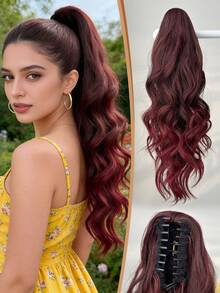 Claw Shaped Ponytail Extension Hair Accessory Gradient Red 24 Inch Long Wave Heat-Resistant Fiber Synthetic Ponytail Wig, Suitable For Women's Christmas, Halloween, Music Festivals, Parties, And Daily Use