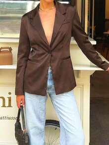 Women's New Fashion European And American Style Versatile Backless Satin Casual Long Sleeve Blazer - Brown - View 2