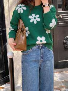 Women's Fashion Striped Floral Knit Pullover Sweater - Green - View 1