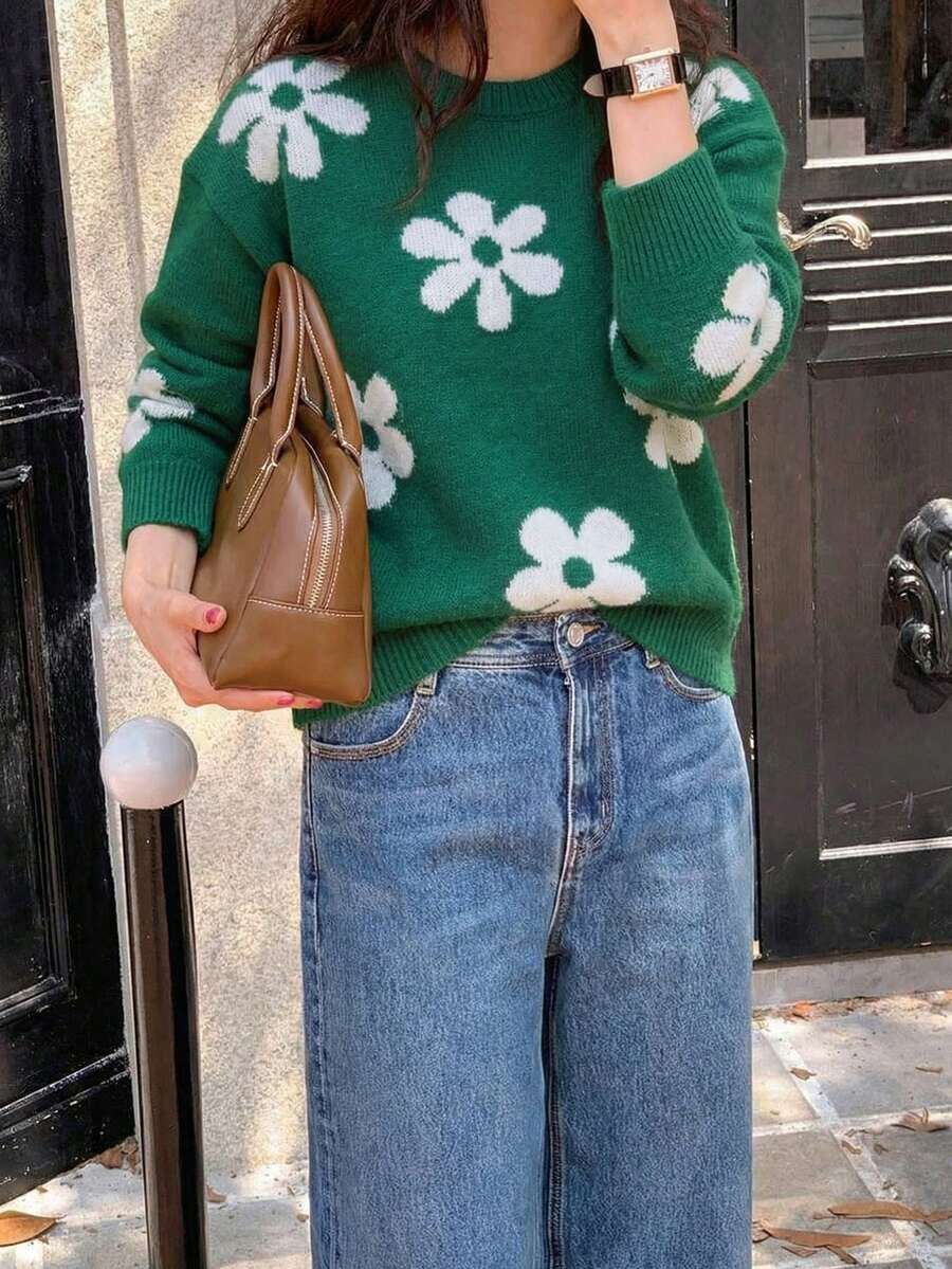 Women's Fashion Striped Floral Knit Pullover Sweater - Green - View 1
