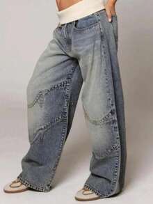 Winter Essentials Wide-Leg Jeans Oversized American Style Vintage Hip Hop Jeans Distressed Water Wash Jeans With Pockets - Retro Blue - View 4