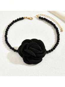 1pc Women's Elegant Faux Pearl Fabric Flower Beaded Necklace, Suitable For Party Wear - Black - View 5