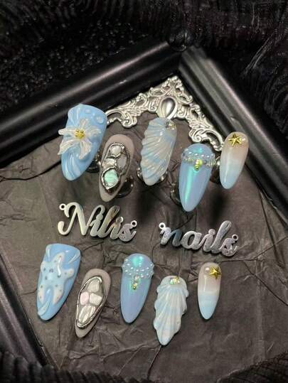 10pcs Acrylic Almond Nail Kit,Blue&Silver Nails,White Tie Dye,3D Stereo Diamonds&Pearls&Stars&Flowers Nail Accessories Decoration,Hand Drawn 3D Water Droplets&Geometric Patterns,3D Draw Starfish, Y2k Style Wearable Nail Art Set,Acrylic Nail Supplies For Women Or Girl Are Suitable For Festivals, Daily, Beach Party Use, Comes With 1 Mini Nail File And 1 Double Sided Adhesive Label