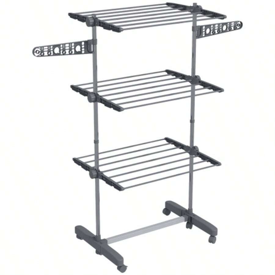 HOMCOM Clothes Drying Tower With Wheels, 3 Levels, Freestanding Folding Dryer With Side Extensions, In Grey Steel.