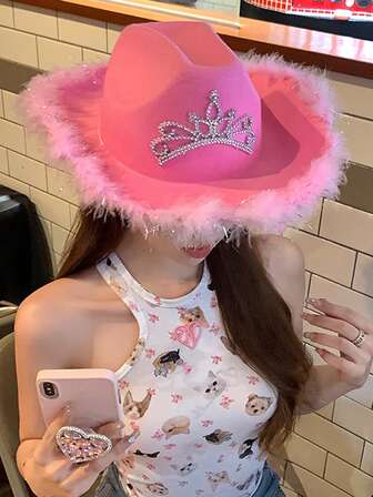 1 st. damhatt med glänsande pentagram och tofshänge, moderiktig fedorahatt, lämplig för fest, kväll, scen, brud, vår/sommar/höst/vinter