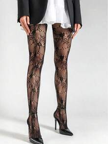 1双加大码女士渔网袜，法式复古玫瑰蕾丝提花过膝长袜，性感优雅朋克风渔网连裤袜，适合度假、派对、晚宴等场合 - 彩色 - 查看 15