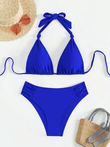 夏季新款兩件式泳衣甜美性感素色綁帶細肩帶比基尼海灘度假風泳裝套裝 - 寶藍色 - 查看 2