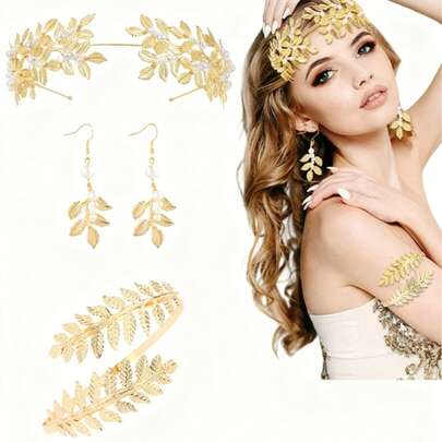 5pcs Greek Goddess Style Outfit & Accessory Set, Includes Greek Goddess Themed Jewelry Such As Gold Leaf Crown Headpiece, Armband, And Pearl Earrings. Suitable For Weddings, Valentine's Day, Birthdays, Engagements, Carnivals, Halloween, Cosplay, And Theme Parties