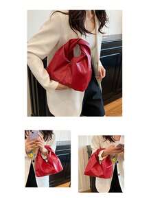 A Red Soft PU Knotted Pleated Handbag, Minimalist Style Patchwork Women's Tote Bag, Perfect For Work And Commuting, Mother's Day Gift For Mom, Solid Color Bag - Red - View 3