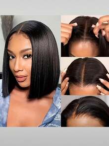 100% Human Hair 13x4 High Definition Lace Front Wig - Natural Black Bobbed Wig, Pre-Trimmed Hairline, 180% Density Soft & Flexible Straight Hair, 13x4 High Definition Lace Front, Comfortable & Durable - Natural Black - View 9