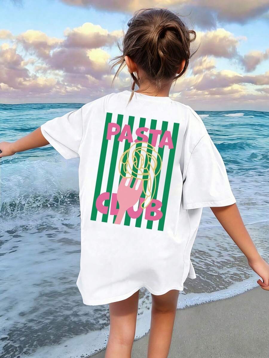 Tween Girls' Casual Striped Letter Print Short Sleeve T-Shirt, Summer - White - View 1