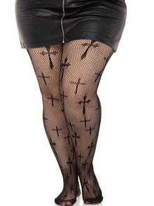 1件加大码女士性感交叉渔网紧身裤，弹力针织性感渔网连裤袜/打底裤 - 彩色 - 查看 1